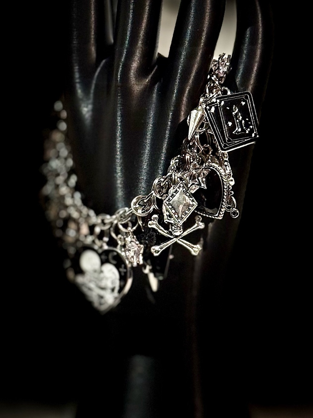 Silver Tone Gothic Charm Bracelet with Heart Skeleton Pendant - Picture 4 of 5